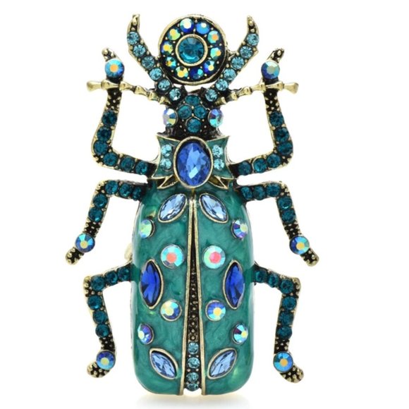 Big beautiful rhinestone adorned Beetle Brooch in Teal Blue enamel - Picture 1 of 2
